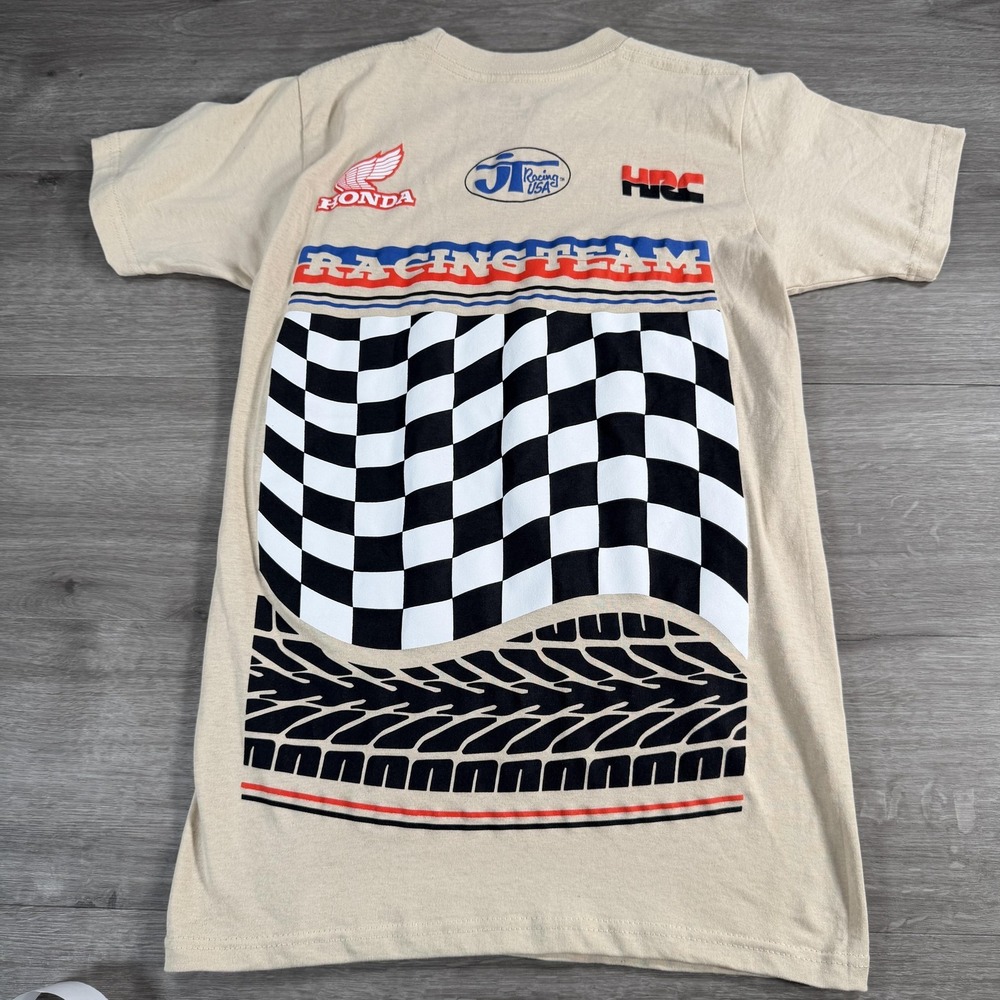 Honda Racing Team Shirt Mens Small Beige Slim Checkered Flag Motorsport